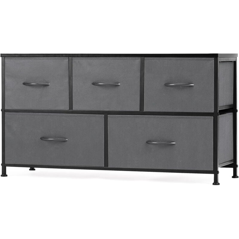 Commode contemporaine à 5 tiroirs en tissu avec poignées, structure en métal, 100 x 30 x 53 cm (gris)