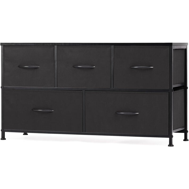 Commode contemporaine à 5 tiroirs en tissu avec poignées, structure en métal, 100 x 30 x 53 cm (noir)