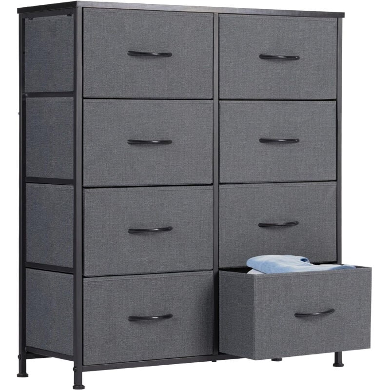Commode contemporaine à 8 tiroirs en tissu avec poignées, structure en métal, 80 x 30 x 92 cm (gris)