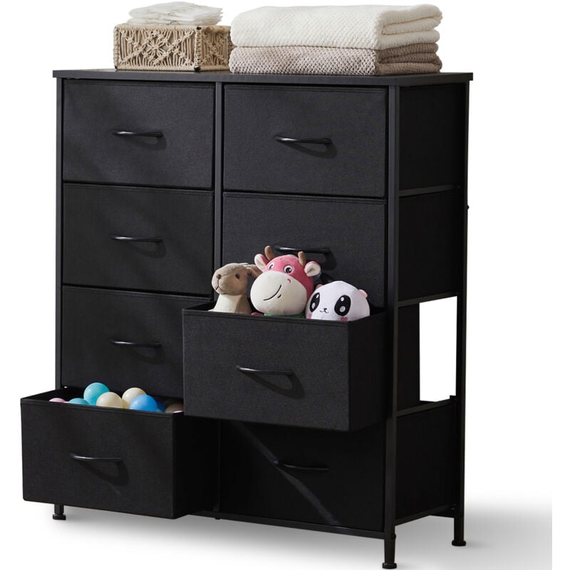 Commode contemporaine à 8 tiroirs en tissu avec poignées, structure en métal, 80 x 30 x 92 cm (noir)