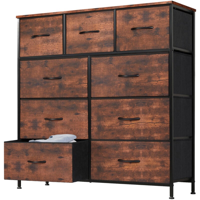 Commode contemporaine à 9 tiroirs en tissu avec poignées, structure en métal, 100 x 30 x 100 cm (marron)