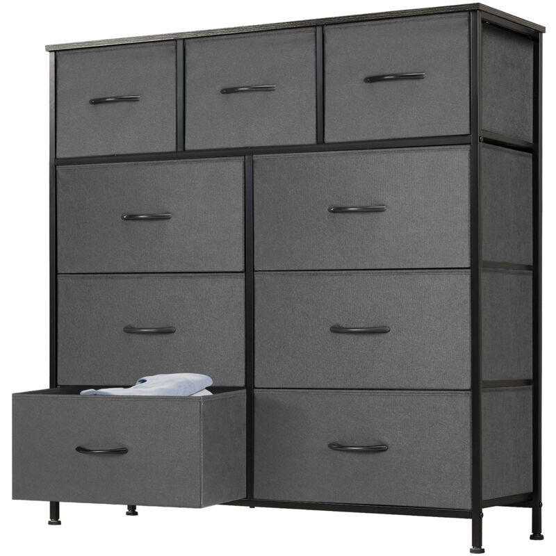 Commode contemporaine à 9 tiroirs en tissu avec poignées, structure en métal, 100 x 30 x 100 cm (gris)