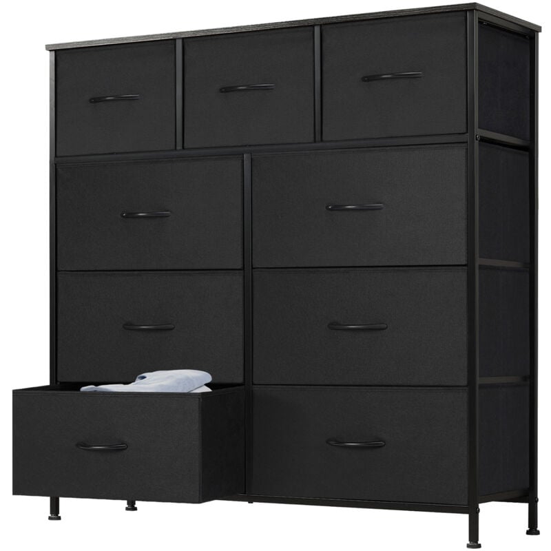Commode contemporaine à 9 tiroirs en tissu avec poignées, structure en métal, 100 x 30 x 100 cm (noir)