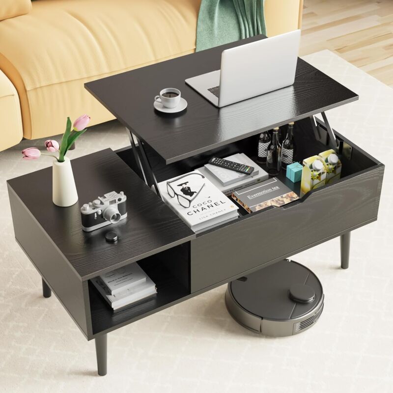 Sweetcrispy - Table basse avec plateau relevable, table de salon moderne avec étagère de rangement et compartiment caché (noir)