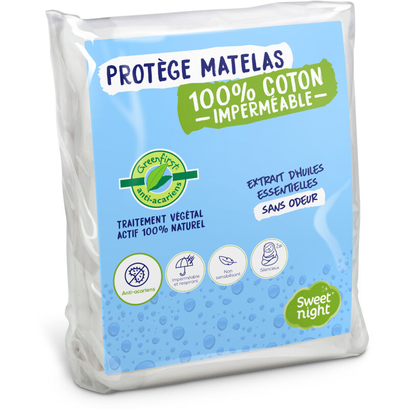 Sweet Night - Protège matelas 180x200 cm Greenfirst Actif 100% Naturel et Anti-Acariens Alèse Imperméable Molleton 100% Coton
