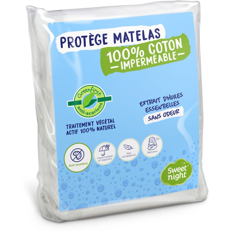 Sweet Night - Protège matelas 140x200 cm Greenfirst® Actif 100% Naturel et Anti-Acariens Alèse Imperméable Molleton 100% Coton