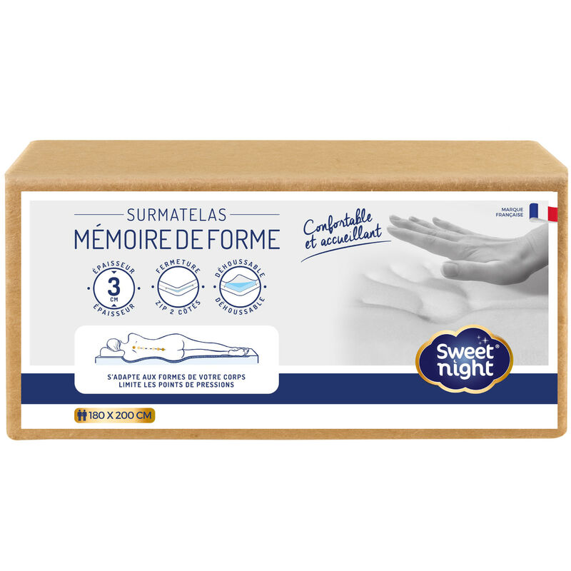 SurMatelas Mémoire de Forme 180x200x3 cm Mousse Haute densité Déhoussable Lavable
