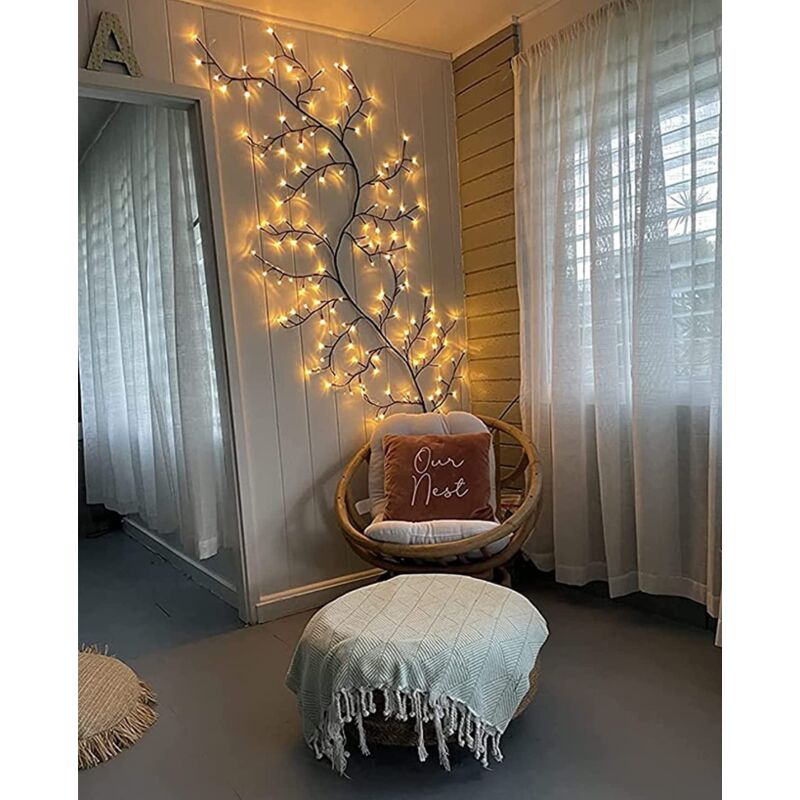 Lumières d'arbre à led, décoration murale intérieure arbre rotin lumières 72 led décorations de Noël chambre à coucher maison (blanc chaud, plug-in)