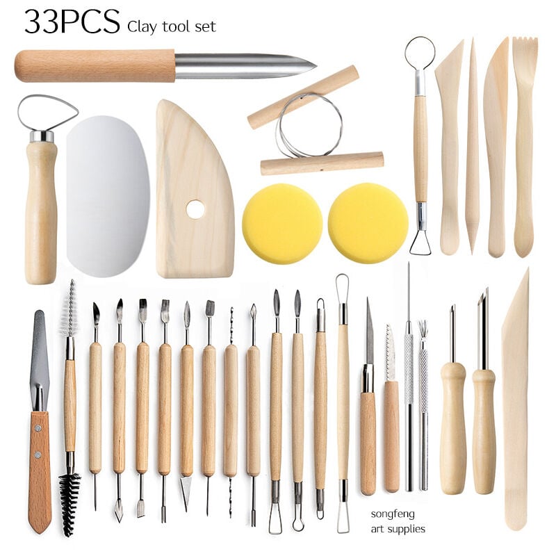 Choyclit - Pottery Tools 33 Piece Set - Clay Stoneware Sculpting Knife Shichimoto Detail Pin Punch Clay Tools