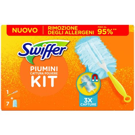 Swiffer Duster Piumini Catturapolvere, 1 Manico Ergonomico e 7 Piumini Duster, Cattura e Intrappola Polvere e Sporco, Raggiunge I Punti più Difficili della Casa, Fino al 95% di Allergeni in Meno