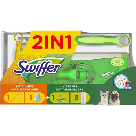 Swiffer Kit con 1 Scopa + 8 Panni per Pavimenti e 1 Piumino + 1 Ricambio, Ottimo per Peli di Animali