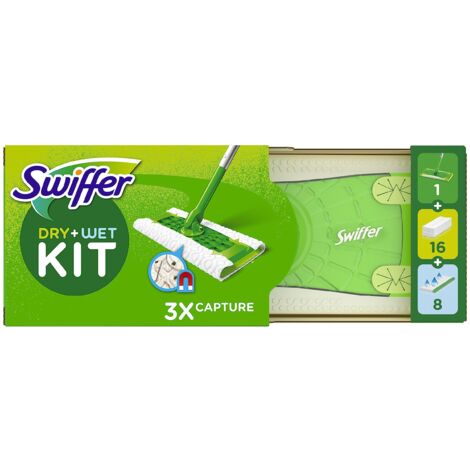 Swiffer Panni Catturapolvere, 1 Scopa E 16 Ricariche Dry + 8 Panni Lavapavimenti Wet, Cattura E Intrappola Polvere E Sporco, Raggiunge I Punti Più Difficili, Ottimo Per Tutti I Tipi Di Pavimenti