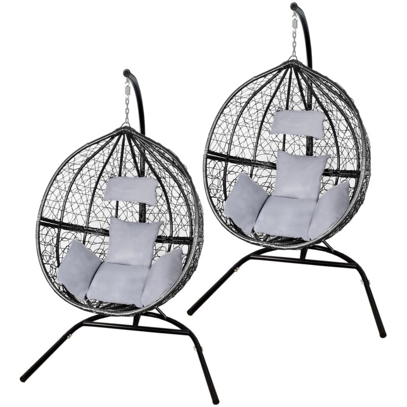 Swing Hanging Egg Chair Rattan Bench Garden Patio Outdoor Indoor Furniture Hammock Basket Seat Black | with Cushions, Waterproof Cover and Stand