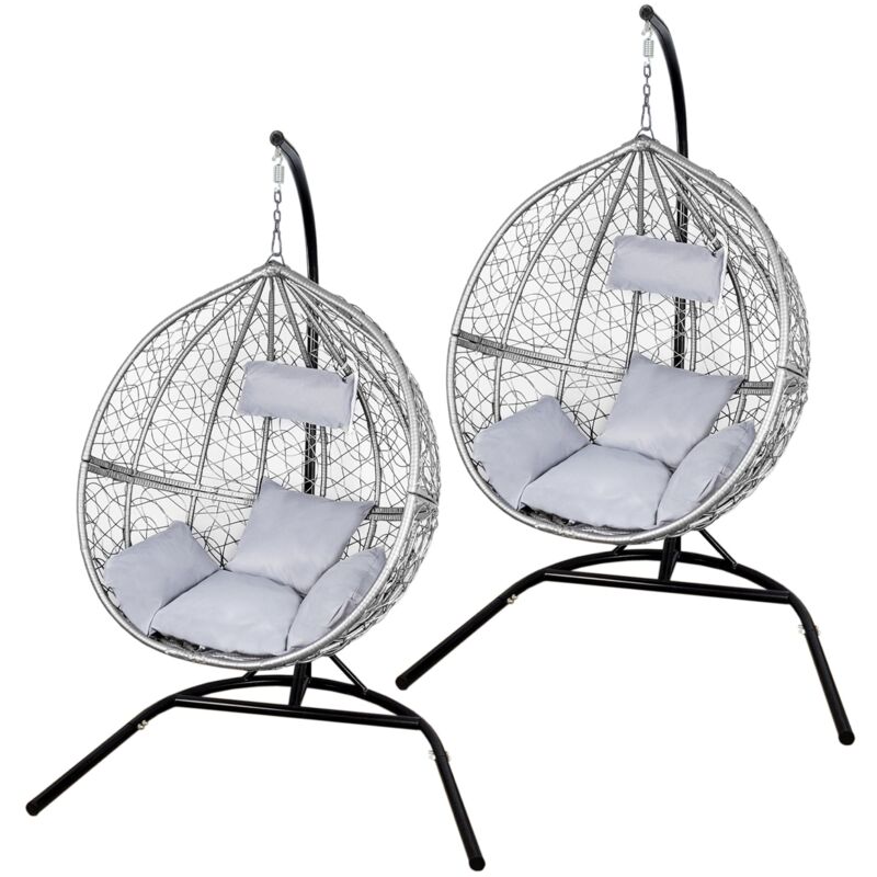 Swing Hanging Egg Chair Rattan Bench Garden Patio Outdoor Indoor Furniture Hammock Basket Seat Grey | with Cushions, Waterproof Cover and Stand