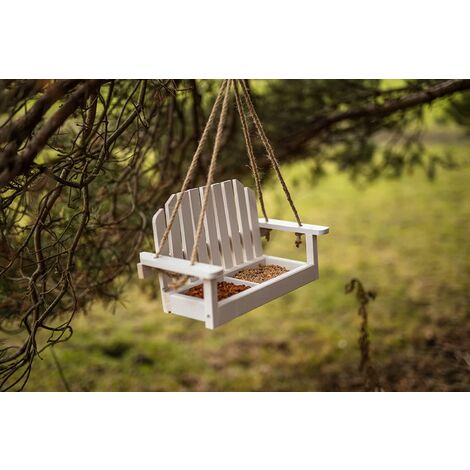 Swing Seat Bird Feeder Hanging White Wooden Garden Bench Bird Feeder for Seeds Garden Ornament