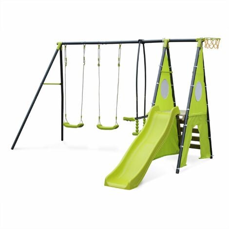 Swingset with 2 swings, slide, basketball hoop, climbing wall and tipi tent, Libeccio, Green, 313x155x197 cm
