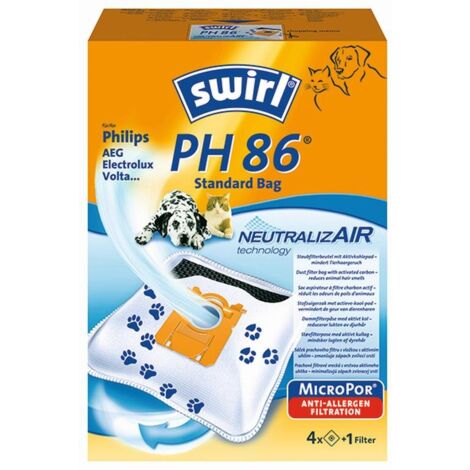 Swirl PH 86 EcoPor - Sacchetti per aspirapolvere anti-odore (4 sacchetti), resistenti agli strappi per alcuni aspirapolvere AEG, Dirt Devil, Electrolux e Philips, con filtro antiodore, filtro al 99,9%