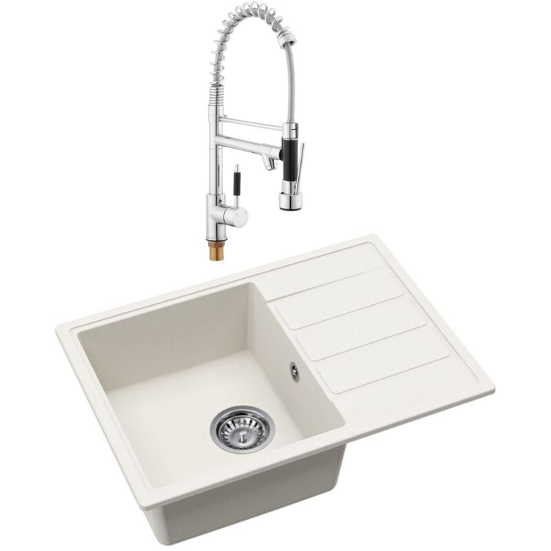 62x44 cm évier avec égouttoir réversible en granite à encastrer + mitigeur à bras pivotant, 2 jets, blanc (SATSINKGE2W-SET2) - Swiss Aqua Technologies