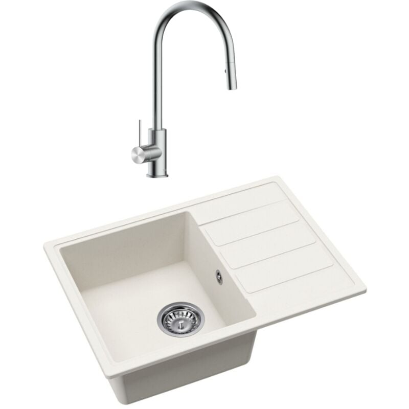 62x44 cm évier avec égouttoir réversible en granite à encastrer + mitigeur avec douchette 2 jets, blanc (SATSINKGE2W-SET1) - Swiss Aqua Technologies
