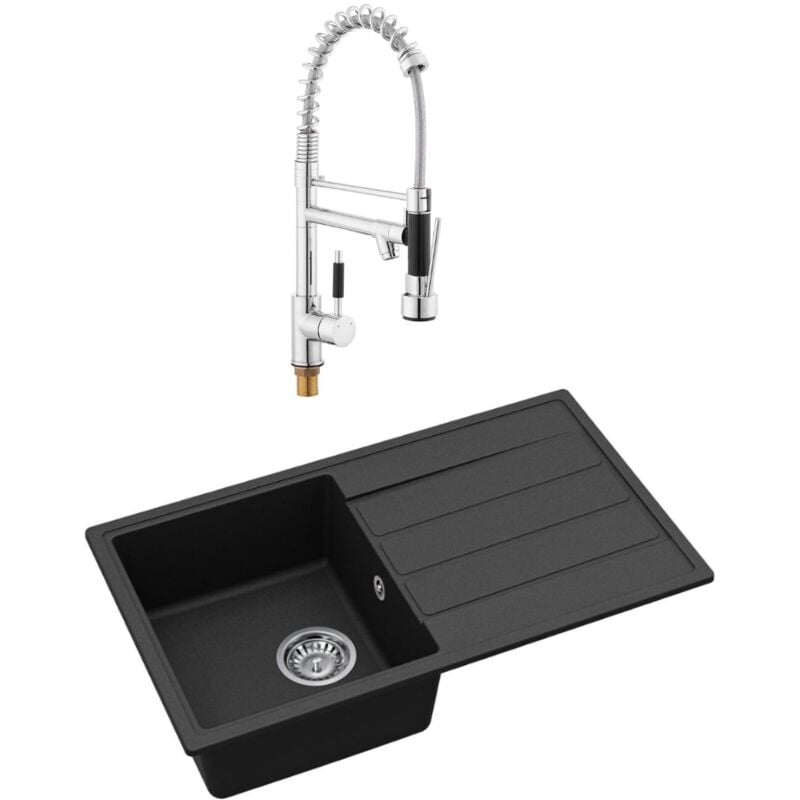 76x44 cm évier avec égouttoir réversible en granite à encastrer + mitigeur à bras pivotant, 2 jets, noir mat (SATSINKGE3B-SET2) - Swiss Aqua
