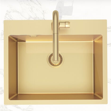 Swiss Aqua Technologies Aurum Fregadero bajo encimera de acero inoxidable 304, 1 cubeta, 55x45x21 cm, PVD oro cepillado