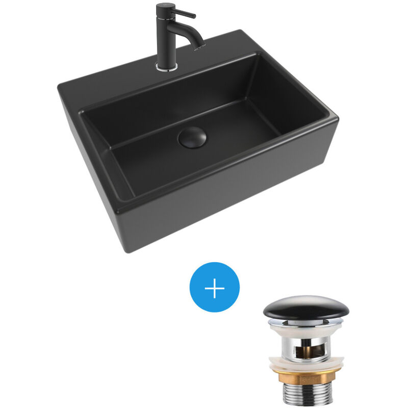 Swiss Aqua Technologies Brevis Lave-mains suspendu, 38,5x30,5x10,5cm + Mitigeur Monocommande Lavabo + Bonde, Noir mat (SATBRE3830SBKM-SET4)