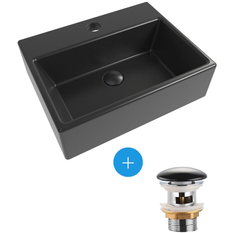 Swiss Aqua Technologies Brevis Lave-mains suspendu avec trou pour robinetterie au milieu, 38,5x30,5x10,5cm + Bonde, Noir mat (SATBRE3830SBKM-SET3)