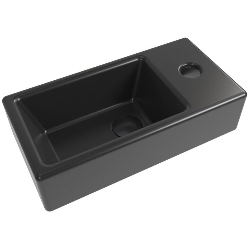 Brevis Lave-mains suspendu Noir mat avec trou pour robinetterie à droite, 40,5x20,5x10,5cm + Bonde - Swiss Aqua Technologies