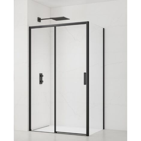Swiss Aqua Technologies Conjunto Mampara de ducha corredera/panel de cristal TEX BB 100x90cm con perfiles negro mate (SIKOTEXDBB100S90C)