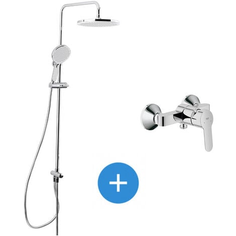 Swiss Aqua Technologies Grohe Brauseset mit Mischbatterie + 3-strahlige Handbrausestange mit Schieber + XXL Kopfbrause 254 mm Chrom