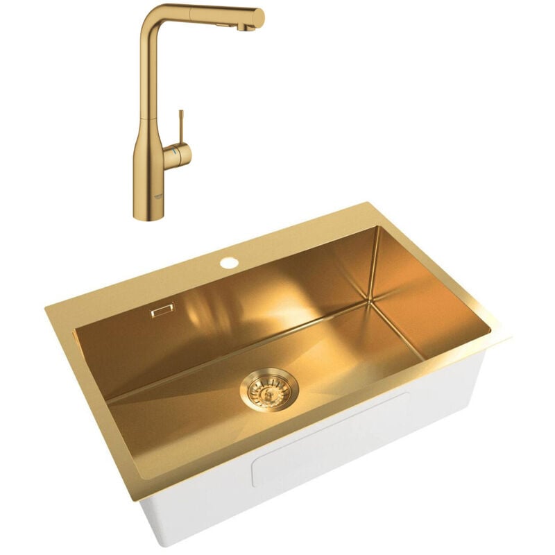 Grohe - Set Aurum Évier de cuisine encastrable inox 304 , 68x45x21 cm + Essence Mitigeur monocommande Evier, Or brossé pvd - Swiss Aqua Technologies