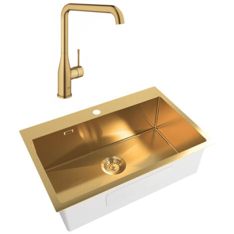 Swiss Aqua Technologies /Grohe - Set Timeless Fregadero encastre acero inoxidable 304, 68x45x21+Grifo monomando fregadero, Oro cepillado