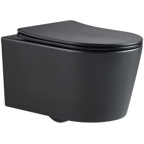 Swiss Aqua Technologies Inodoro suspendido sin brida y con fijaciones invisibles + asiento con cierre amortiguado, negro mate (SATBRE010RREXPBKM)