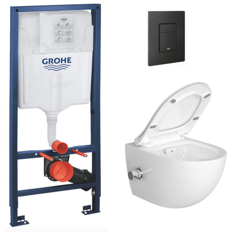 Grohe Pack Bati-support Project + wc sans bride avec fonction bidet thermostatique + Plaque Noir mat (RapidSL-SATClean-KF0)