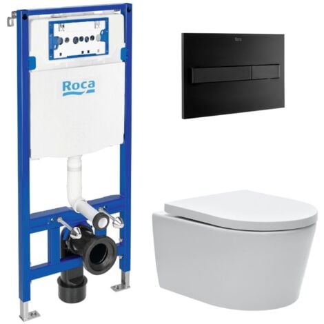Swiss Aqua Technologies Pack WC Bastidor Roca Duplo One + Inodoro suspendido sin brida SAT + placa ROCA negro (RocaDuploOneSATrimless-3)