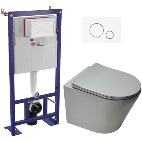 Swiss Aqua Technologies Pack WC bâti-autoportant + WC Infinitio gris mat sans bride fixations invisibles + Abattant softclose + Plaque blanche/chrome