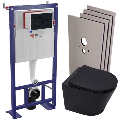 Swiss Aqua Technologies Pack WC bâti-autoportant + WC Infinitio noir mat + Abattant + Plaque + Set d'habillage