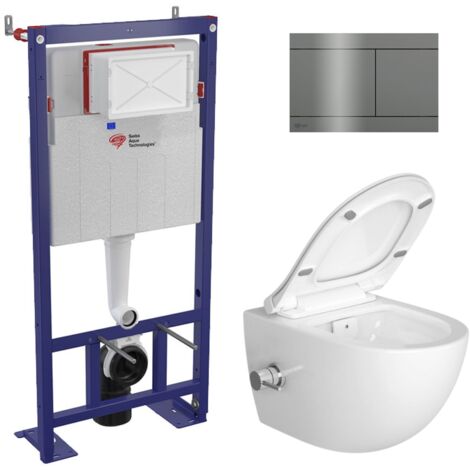 Swiss Aqua Technologies Pack WC bâti-autoportant + WC sans bride Infinitio avec bidet thermostatique + plaque en acier inoxydable, en PVD, Gun Metal
