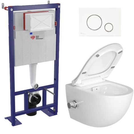 Swiss Aqua Technologies Pack WC bâti-autoportant + WC sans bride Infinitio fonction bidet thermostatique + Abattant softclose + Plaque blanche/chrome