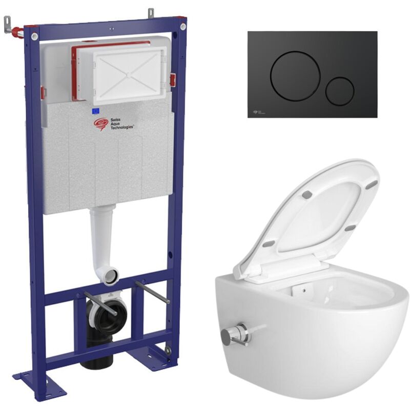 Pack wc bâti-autoportant + wc sans bride sat Infinitio avec fonction bidet thermostatique + Abattant softclose + Plaque noir mat - Swiss Aqua