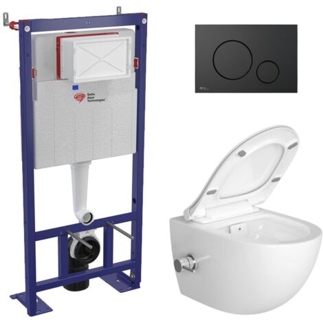 Swiss Aqua Technologies Pack WC bâti-autoportant + WC sans bride SAT Infinitio avec fonction bidet thermostatique + Abattant softclose + Plaque noir mat