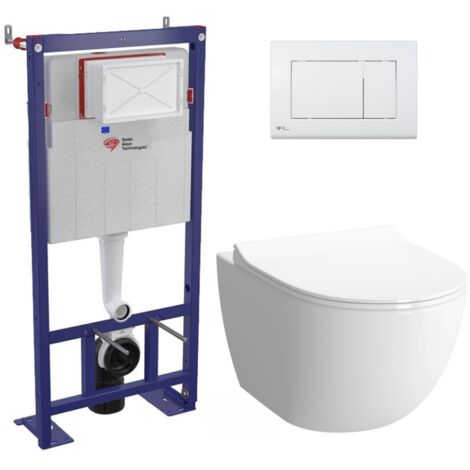 Swiss Aqua Technologies Pack WC bâti-autoportant + WC SAT infinitio sans bride fixations invisibles + Abattant softclose + Plaque blanche