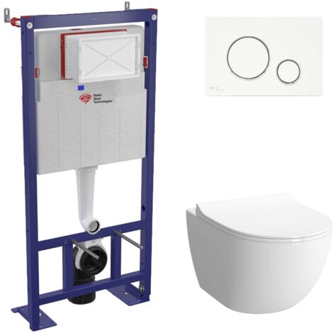 Swiss Aqua Technologies Pack WC bâti-autoportant + WC SAT infinitio sans bride fixations invisibles + Abattant softclose + Plaque blanche/chrome
