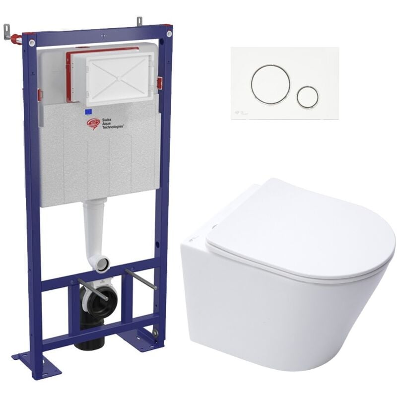 Pack wc bâti-autoportant + wc sat infinitio sans bride fixations invisibles + Abattant softclose + Plaque blanche/chrome - Swiss Aqua Technologies