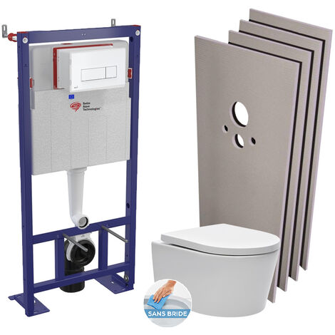 Swiss Aqua Technologies Pack WC bâti-autoportant + WC SAT sans bride + Abattant softclose + Plaque blanche + Set d'habillage