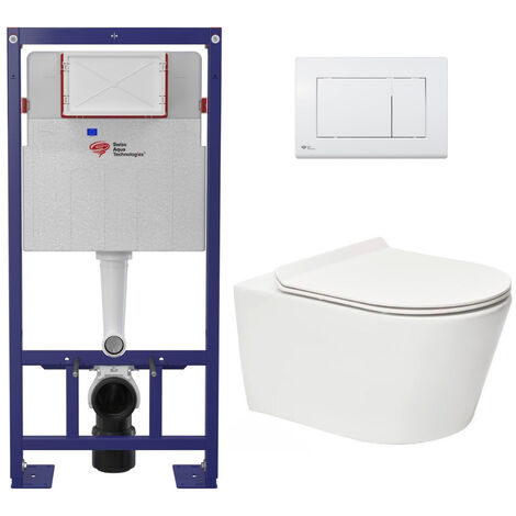 Swiss Aqua Technologies Pack WC bâti-autoportant + WC SAT sans bride fixations invisibles + Abattant softclose + Plaque blanche (SMART-Brevis-9)