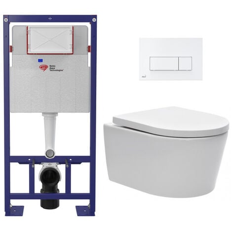 Swiss Aqua Technologies Pack WC bâti-autoportant + WC SAT sans bride fixations invisibles + Abattant softclose + Plaque blanche (SMART-SATrimless-M270)