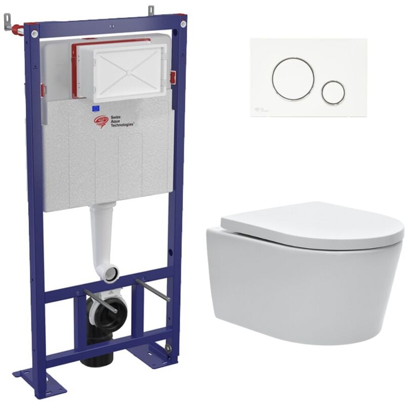 Swiss Aqua Technologies - Pack wc bâti-autoportant + wc sat sans bride fixations invisibles + Abattant softclose + Plaque blanche