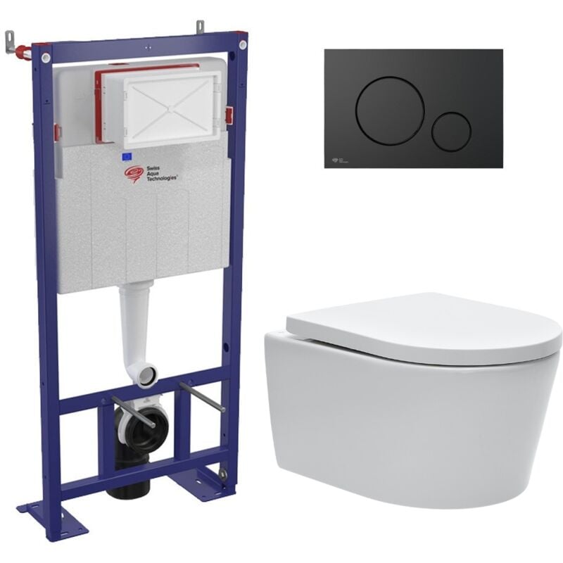 Swiss Aqua Technologies - Pack wc bâti-autoportant + wc sat sans bride fixations invisibles + Abattant softclose + Plaque noir mat