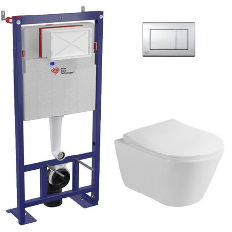 Swiss Aqua Technologies Pack WC Bâti-support autoportant, WC sans bride Lucco Avva, Abattant softclose, Plaque Chrome